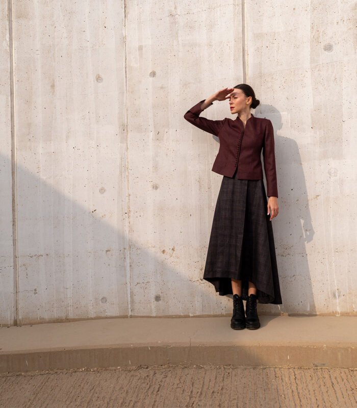 Structured Burgundy Jacket / A line skirt - Image 5